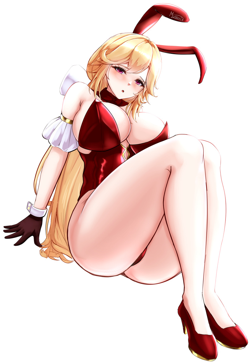 1girl absurdres ass azur_lane bare_shoulders black_gloves blonde_hair blush breasts cleavage gloves high_heels highres large_breasts leotard long_hair musanix open_mouth pale_skin playboy_bunny red_eyes red_headwear richelieu_(azur_lane) sitting solo thighs white_background
