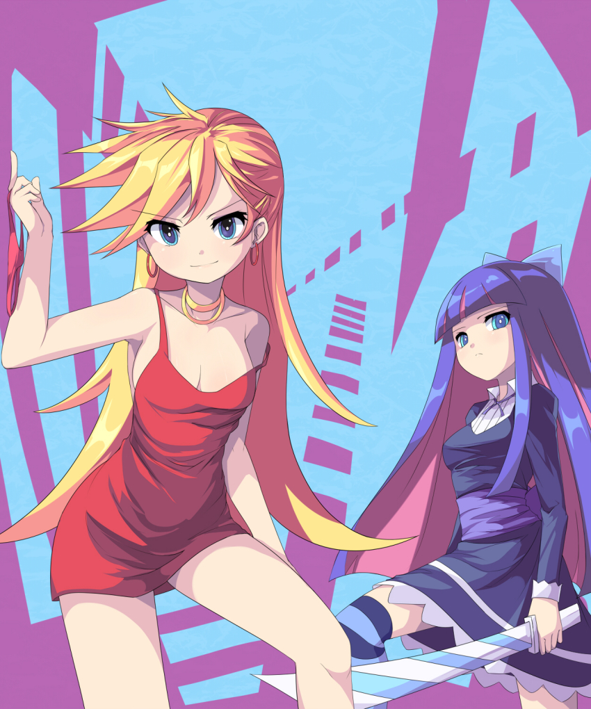 10s 2girls blonde_hair blue_eyes blush breasts cleavage dress earrings hair_ribbon highres jewelry long_hair multicolored_hair multiple_girls panties panty_&amp;_stocking_with_garterbelt panty_(psg) red_dress red_panties ribbon saiste short_dress siblings sisters stocking_(psg) striped_clothes striped_legwear striped_thighhighs sword thighhighs two-tone_hair underwear weapon