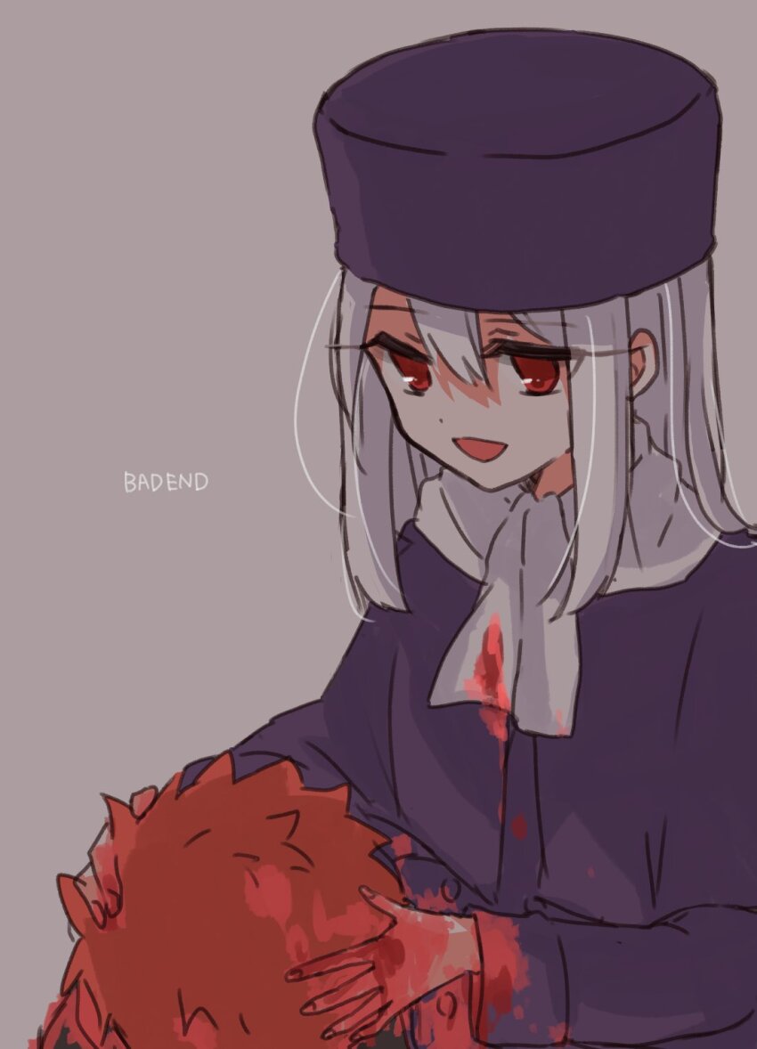 1boy 1girl bad_end blood blood_stain coat death emiya_shirou fate/stay_night fate_(series) fur_hat hat highres illyasviel_von_einzbern long_hair open_mouth papakha purple_coat purple_headwear red_eyes saihara scarf sketch smile spoilers white_hair