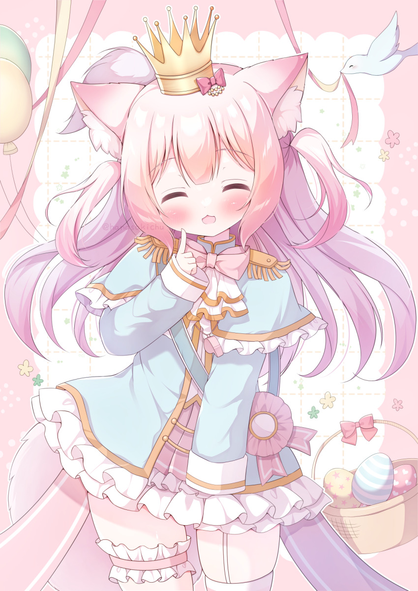 1girl animal_ear_fluff animal_ears asymmetrical_legwear balloon bird blush bow bowtie capelet cat_ears cat_girl closed_eyes commentary_request crown dress easter egg epaulettes eyebrows_hidden_by_hair frilled_capelet frilled_dress frilled_thigh_strap frills grid_background hair_between_eyes hair_ornament hanasakichu hand_up highres indie_virtual_youtuber long_hair long_sleeves looking_at_viewer mini_crown open_mouth original pink_hair ribbon sash sleeves_past_wrists smile solo standing tail thigh_strap thighhighs two_side_up virtual_youtuber white_thighhighs wide_sleeves