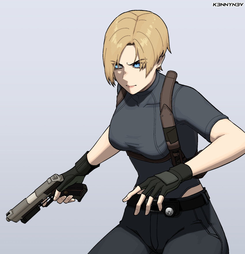 1girl artist_name belt black_gloves blonde_hair blue_eyes closed_mouth eyes_visible_through_hair fingerless_gloves fingernails genderswap genderswap_(mtf) gloves grey_background gun handgun highres holding holding_gun holding_weapon k3nnyn3v leon_s._kennedy pink_lips pistol resident_evil resident_evil_4 short_hair simple_background solo weapon