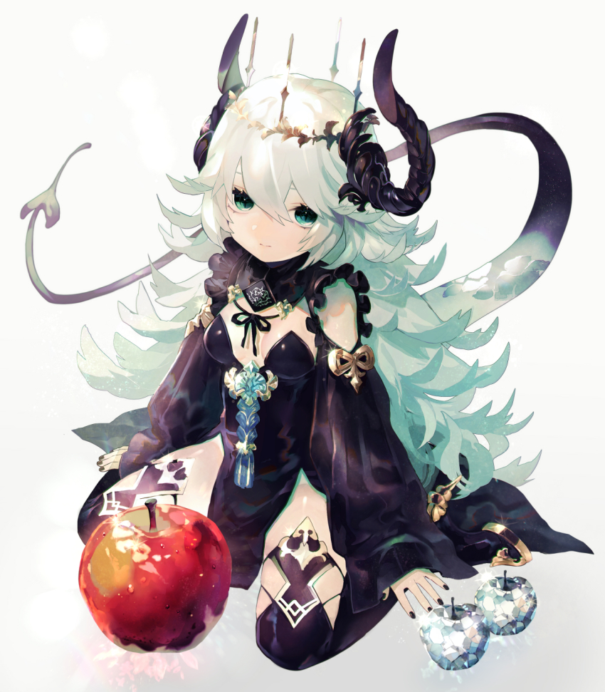1girl apple black_boots black_dress black_nails black_thighhighs blue_hair boots breasts closed_mouth commentary_request crystal crystal_apple curled_horns dragon_girl dragon_horns dragon_tail dress eyebrows_hidden_by_hair fingernails food fruit full_body green_eyes grey_background hair_between_eyes high_heel_boots high_heels highres horns long_hair long_sleeves looking_at_viewer nail_polish natsuiro_xx original sitting sleeves_past_wrists small_breasts solo tail thigh_boots thighhighs very_long_hair wariza wide_sleeves