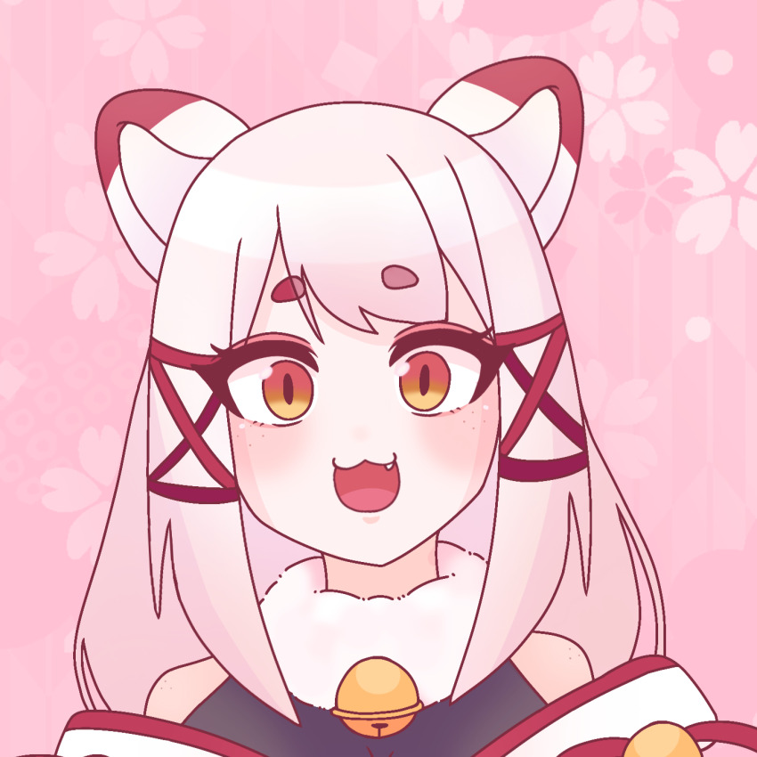 1girl animal_ears artist_request bad_source black_bodysuit body_freckles bodysuit bow breasts commission fang fox_ears fox_girl fox_tail freckles frills fur_collar gohei hair_between_eyes hair_bow hair_ornament hair_ribbon highres indie_virtual_youtuber japanese_clothes kagari_kitsune large_breasts long_hair long_sleeves messy_hair multicolored_hair nontraditional_miko pink_hair red_ribbon ribbon sidelocks simple_background skeb_commission skirt sleeves_past_fingers sleeves_past_wrists slit_pupils tail virtual_youtuber white_hair yellow_eyes
