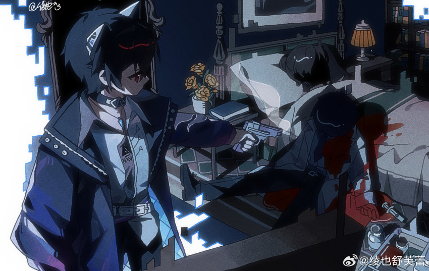 1girl 2boys animal_ears ayn_alwyn ayn_alwyn_(deimortem_era) bed bedroom belt black_collar black_hair black_jacket black_necktie black_pants black_shoes blood blood_on_clothes blood_on_hands blood_splatter book bookshelf box chinese_commentary collar collared_shirt corpse cowboy_shot death digital_dissolve face_in_shadow flower full_body glitch grey_shirt gun hair_between_eyes hair_bun handgun highres holding holding_gun holding_weapon indoors jacket jar jewelry lab_coat lamp ling_ye_shufulei long_sleeves looking_at_another looking_to_the_side lovebrush_chronicles lying mechanical_ears multiple_boys murder necklace necktie on_back on_bed open_clothes open_collar open_jacket outstretched_arm pants picture_frame pillow pool_of_blood profile red_eyes rose shadow shirt shoes short_hair single_hair_bun sitting smoke smoking_barrel spoilers standing syringe table tooth_necklace under_covers untucked_shirt upper_body vase weapon white_belt white_shirt wolf_ears yellow_flower yellow_rose zipper