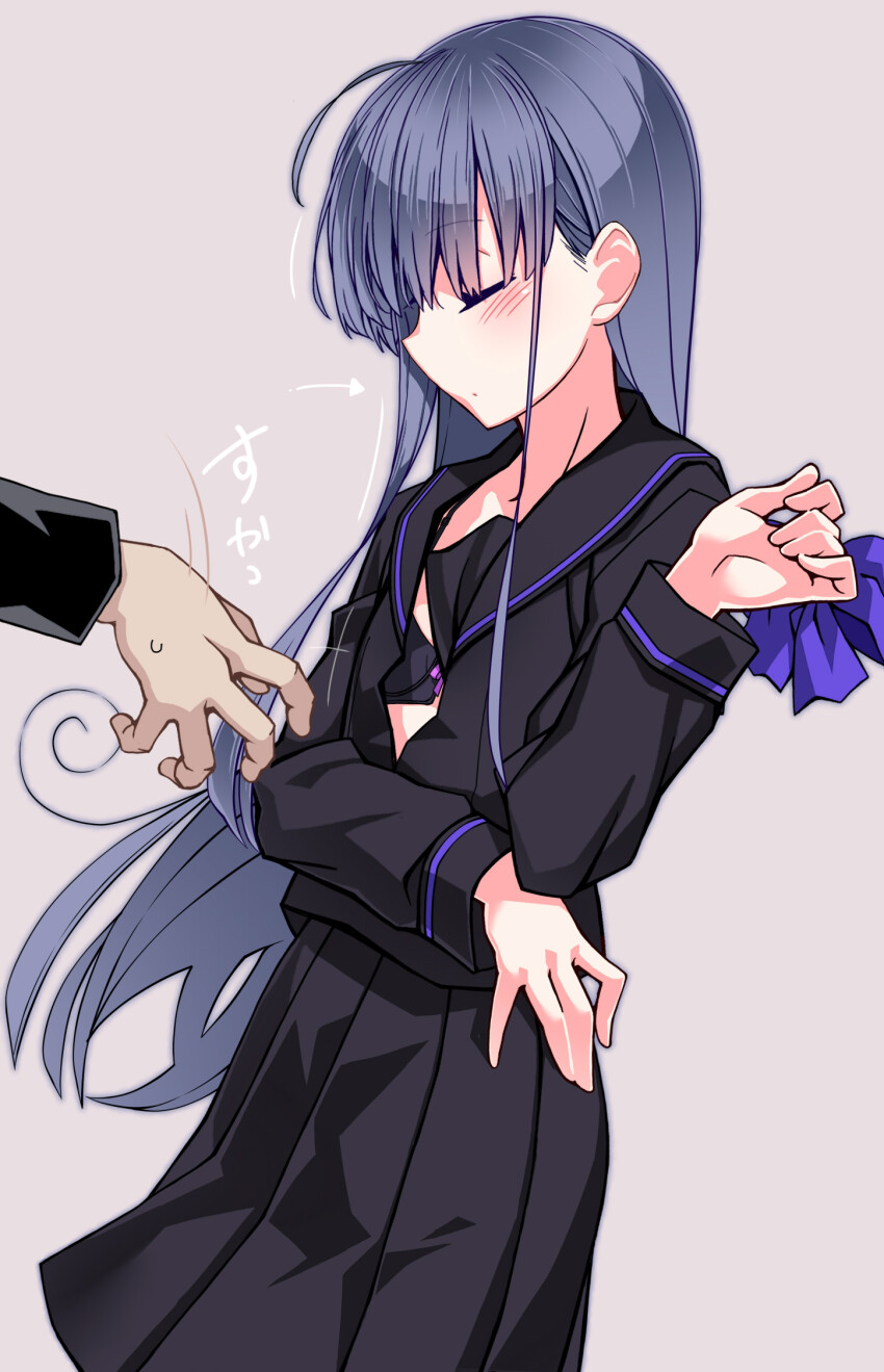 1girl black_bra black_hair black_serafuku black_shirt black_skirt blush bra closed_eyes grey_background highres kazami_nobuko long_hair long_sleeves original oteruko_(wanabeee) pleated_skirt sailor_collar school_uniform serafuku shirt skirt solo_focus underwear