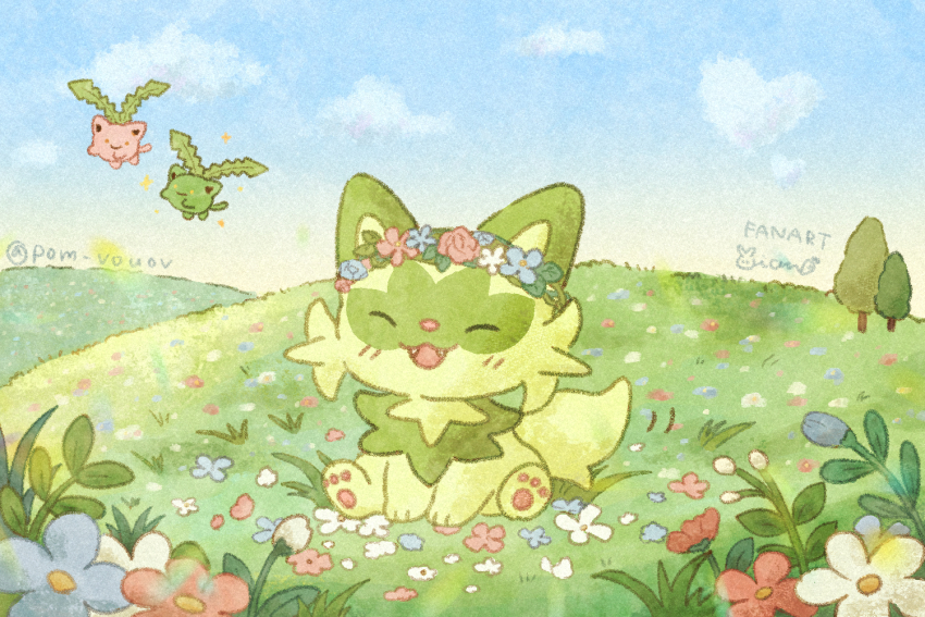 :3 :d ^_^ alternate_color artist_name blue_flower blue_sky blush bud closed_eyes cloud commentary_request day fangs field flower flower_wreath game_freak gen_2_pokemon grass head_wreath hoppip mian_(user_kwcj2833) nintendo no_humans open_mouth outdoors pawpads pink_flower plant pokemon pokemon_(creature) red_flower shiny_pokemon signature sitting sky smile sprigatito tree twitter_username white_flower