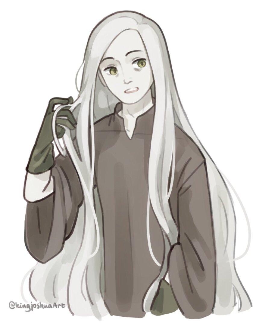 1boy artist_name brown_robe commentary cropped_torso english_commentary fear_&amp;_hunger_(series) fear_&amp;_hunger_1 gloves green_gloves hand_in_own_hair highres kingjoshua long_hair long_sleeves looking_at_viewer male_focus nosramus_(fear_&amp;_hunger) open_mouth robe simple_background solo teeth twitter_username upper_teeth_only very_long_hair white_background white_hair yellow_eyes