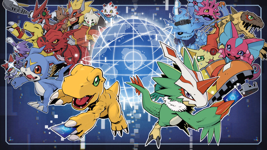 absurdres agnimon agumon_(digimon_savers) belt blue_fire claws digimon digimon_(creature) digimon_adventure digimon_adventure_02 digimon_adventure_02:_digimon_hurricane_jouriku!!_chouzetsu_shinka!!_ougon_no_digimental digimon_frontier digimon_ghost_game digimon_liberator digimon_savers digimon_tamers digimon_universe:_appli_monsters digimon_xros_wars digimon_xros_wars:_toki_wo_kakeru_shounen_hunter-tachi elizamon feathers fire gammamon gatchmon ghostmon green_eyes guilmon gumdramon hat highres horns lopmon microphone official_art pteromon sangomon sharp_teeth shoemon shoutmon sunarizamon tail teeth terriermon v-mon