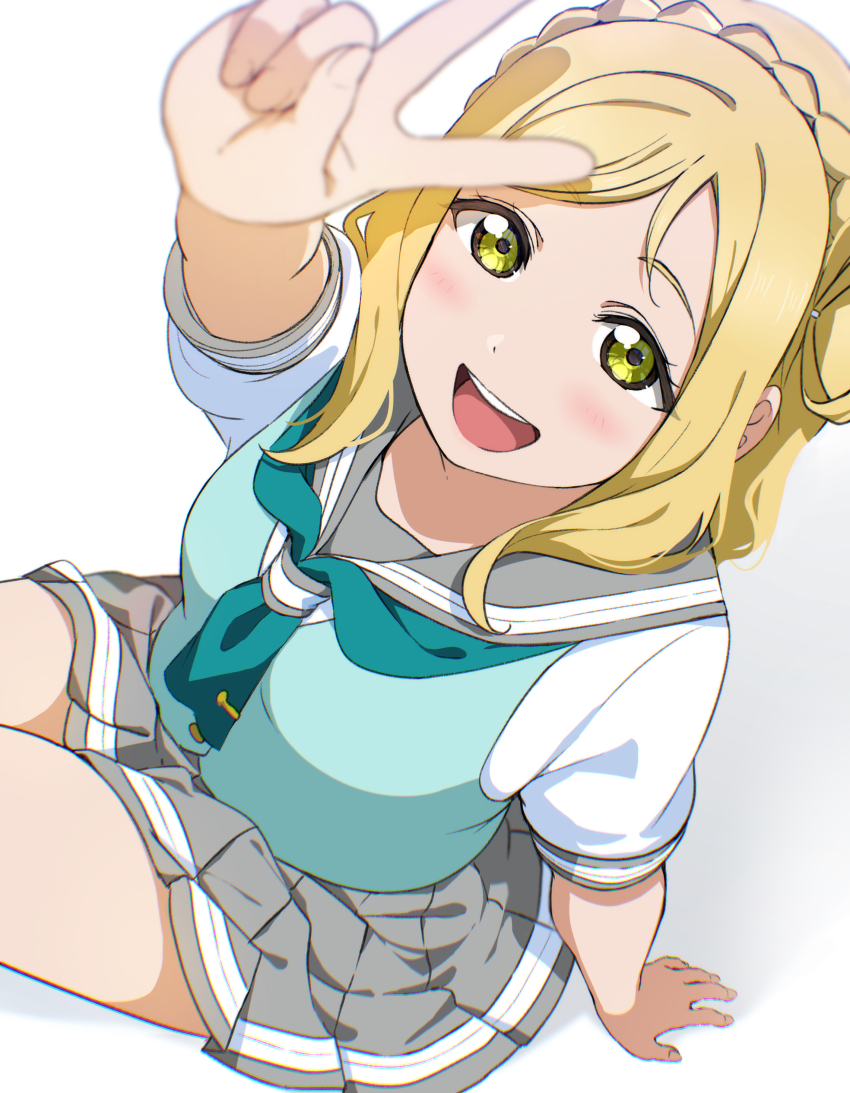 1girl absurdres birthday blonde_hair blush commentary english_commentary from_above grey_sailor_collar grey_skirt hair_rings highres icehotmilktea looking_at_viewer love_live! love_live!_sunshine!! medium_hair ohara_mari open_mouth sailor_collar school_uniform shirt sidelocks single_hair_ring sitting skirt smile uranohoshi_school_uniform v vest white_shirt yellow_eyes