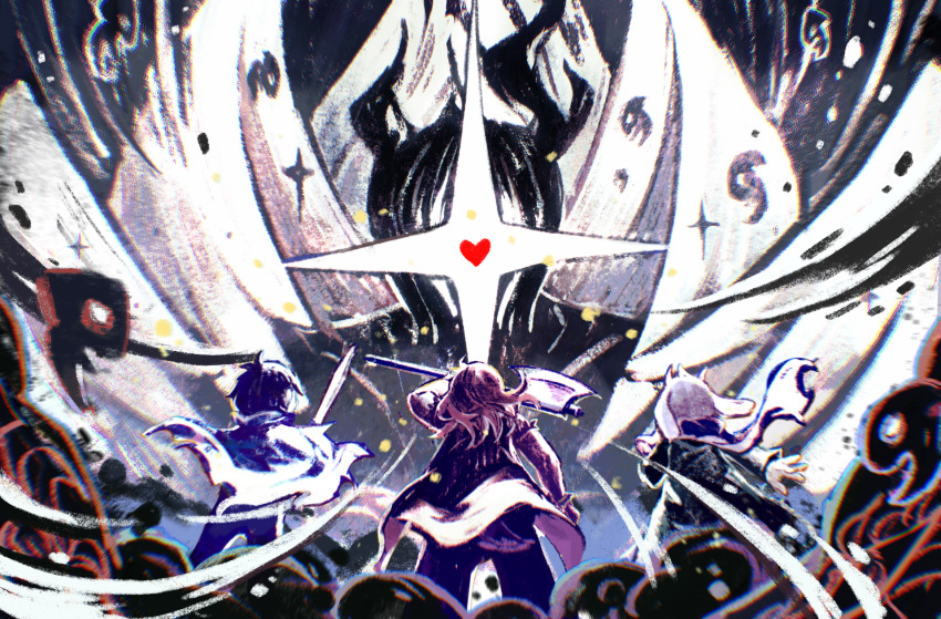 1boy 1girl 3others angel_wings animal_ears asymmetrical_horns axe battle_axe commentary covering_face cup deltarune eldritch_abomination english_commentary feathered_wings fetus fighting_stance glowing goat_boy goat_ears goat_horns head_wings highres holding holding_axe holding_cup holding_weapon horns kris_(dark_world)_(deltarune) kris_(deltarune) light_particles living_shadow monster multiple_others multiple_wings one-eyed ralsei reptile_girl ryuh_(asahina_neru) scarf short_tail soul_(deltarune) sparkle spoilers susie_(dark_world)_(deltarune) susie_(deltarune) sword tail titan_(deltarune) umbrakinesis weapon wind wings
