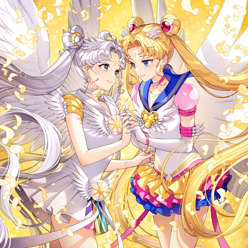 2girls bishoujo_senshi_sailor_moon bishoujo_senshi_sailor_moon_stars blonde_hair blue_eyes blue_sailor_collar brooch choker closed_mouth collarbone commentary crescent crescent_earrings crescent_facial_mark double_bun dress earrings elbow_gloves facial_mark feathered_wings feathers forehead_mark frilled_dress frills gloves grey_choker grey_eyes grey_hair hair_bun hair_ornament heart heart_brooch heart_hair_bun heart_o-ring heart_ring_choker highres holding_hands interlocked_fingers jewelry long_hair looking_at_another magical_girl multiple_girls multiple_rings nardack o-ring o-ring_choker parted_bangs pleated_dress ring sailor_collar sailor_cosmos sailor_moon sailor_senshi_uniform sidelocks standing star_(symbol) star_earrings star_facial_mark symbol-only_commentary tsukino_usagi twintails very_long_hair white_dress white_gloves wings