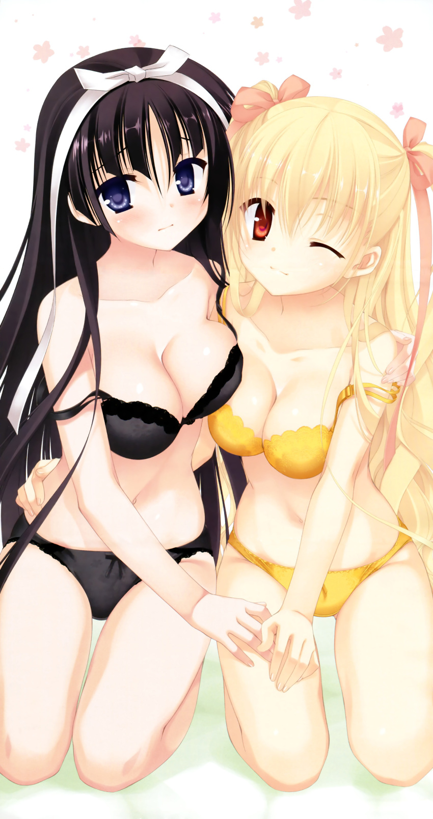 2girls ;) absurdres black_bra black_hair black_panties blonde_hair blue_eyes bra breasts cleavage hidan_no_aria highres hotogi_shirayuki kneeling kobuichi lace lace-trimmed_bra lace_trim mine_riko multiple_girls one_eye_closed orange_eyes panties smile underwear wink yellow_bra yellow_panties