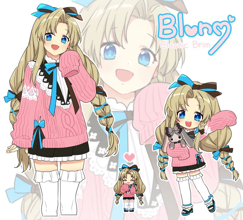 blony_(mabinogi) blue_eyes chibi frilled_thighhighs frills highres lessojin long_hair mabinogi miniskirt pixel_art ribbon skirt sleeves_past_wrists sweater thighhighs two-tone_ribbon