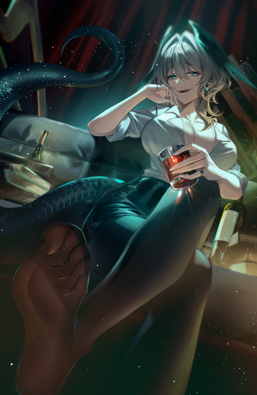 1girl absurdres alraune alternate_costume arknights black_pantyhose black_skirt collarbone commentary crossed_legs cup drinking_glass earrings feet fingernails foot_out_of_frame green_eyes grey_hair hair_intakes hand_up highres ho&#039;olheyak_(arknights) holding holding_cup jewelry licking_lips long_hair looking_at_viewer monster_girl no_shoes pantyhose plant_girl ring shirt shirt_tucked_in sitting skirt smile snake_girl soles solo thuban_ap toes tongue tongue_out white_shirt