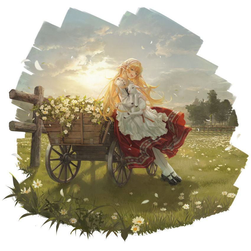 1girl :d animal apron black_shoes black_vest blonde_hair cloud cloudy_sky daisy day falling_petals fang fence field flower full_body girls&#039;_frontline grass highres holding holding_animal lamb leaning_on_object long_hair long_sleeves looking_at_viewer mary_janes meadow nin_(lion) official_alternate_costume official_art open_mouth outdoors pantyhose petals red_skirt s.a.t.8_(ballad_of_twilight_blossoms)_(girls&#039;_frontline) s.a.t.8_(girls&#039;_frontline) shadow sheep shirt shoes skirt sky smile solo standing teeth third-party_source transparent_background tree upper_teeth_only veil very_long_hair vest wagon white_apron white_pantyhose white_shirt white_veil wooden_fence