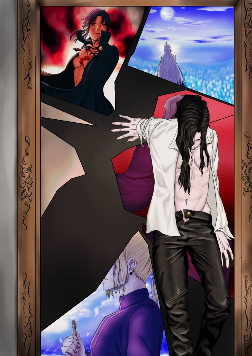 2girls 3boys abs archetype_earth arcueid_brunestud b-3739 bare_pectorals black_hair black_pants blonde_hair blue_hair breasts buttoned_cuffs buttons cape ciel_(tsukihime) collar collarbone collared_shirt cross dress dress_shirt earrings highres holding holding_cross jewelry long_hair melty_blood michael_roa_valdamjong michael_roa_valdamjong_(human) multiple_boys multiple_girls no_nipples pants pectorals ponytail priest red_eyes roa-ciel shirt tohno_shiki_(2) tsukihime type-moon vampire white_hair