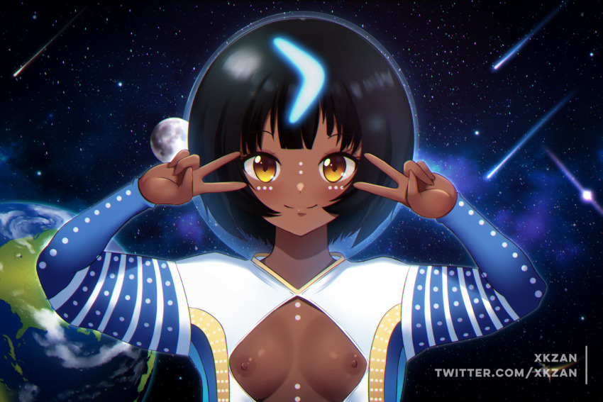 1girl alien black_hair blunt_bangs blush bob_cut bodypaint boomerang breasts cleavage cleavage_cutout clothing_cutout comet dark-skinned_female dark_skin dress earth_(planet) emotional_engine_-_full_drive falling_star fate/grand_order fate_(series) fishbowl_helmet flat_chest floating glowing glowing_hair helmet long_sleeves looking_at_viewer moon night night_sky nipples nude open_clothes petite planet short_dress short_hair sky sleeves_past_wrists small_breasts smile solo space space_helmet spacesuit standing star_(sky) starry_sky sweater twitter_username very_dark_skin wandjina_(fate) wandjina_(first_ascension)_(fate) xkzan yellow_eyes