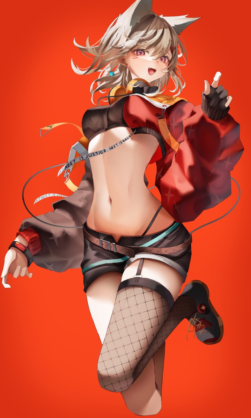 1girl absurdres animal_ears belt black_gloves black_shorts blonde_hair bracelet brown_belt crop_top cropped_jacket earrings facial_mark fang fishnet_thighhighs fishnets floating_hair garter_straps gloves hair_between_eyes hair_ornament hairpin headphones headphones_around_neck highres jacket jewelry jumping komori_met komori_met_(5th_costume) long_sleeves looking_at_viewer medium_hair midriff minto_(minto_rururu) multicolored_jacket navel open_mouth panty_straps partially_fingerless_gloves pink_eyes planet_earrings puffy_long_sleeves puffy_sleeves red_background shoes short_shorts shorts simple_background single_earring single_garter_strap single_glove single_thighhigh sneakers solo thighhighs two-tone_jacket virtual_youtuber vspo!