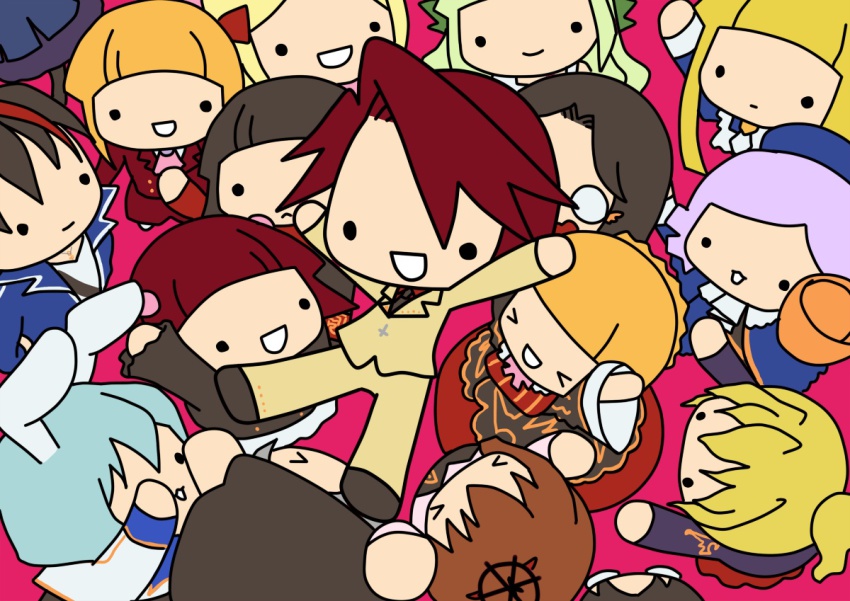&gt;_&lt; 5boys 6+girls :d amakusa_juuza animal_ears ascot beatrice_(umineko) black_hair blonde_hair blue_hair cat_tail chibi chiester410 chiester_sisters clair_vaux_bernardus closed_eyes coat crown dlanor_a._knox dress eiserne_jungfrau formal_clothes frederica_bernkastel from_above gertrude_(umineko) green_hair kanon_(umineko) kashiwa_kiseri lambdadelta lucifer_(umineko) monocle multiple_boys multiple_girls no_naku_koro_ni_(series) open_mouth orange_hair ponytail purple_hair rabbit_ears red_hair ronove_(umineko) ryukishi07 smile stakes_of_purgatory suit tail umineko_no_naku_koro_ni ushiromiya_ange ushiromiya_battler ushiromiya_jessica ushiromiya_lion ushiromiya_maria willard_h._wright