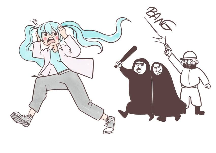 1boy 3girls aqua_hair beard black_hijab blush_stickers breasts facial_hair firing gun hatsune_miku hijab holding holding_gun holding_weapon iran islam multiple_girls muslim open_mouth pareefae running simple_background vocaloid weapon white_background worldwide_miku