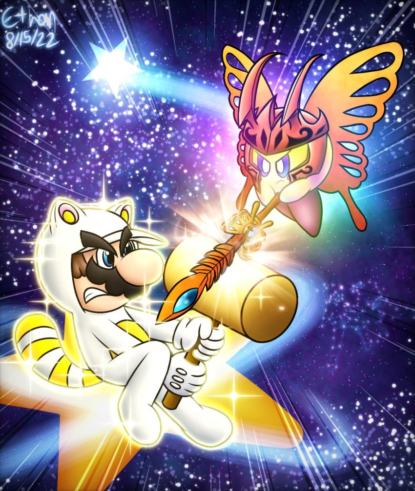 1boy 1other angry animal_ears battle blue_eyes brown_hair facial_hair flying full_body gloves hammer highres kirby kirby_(series) mario mario_(series) mask mustache nintendo raccoon_ears raccoon_tail space super_mario_3d_land sword tail tanooki_mario weapon wings