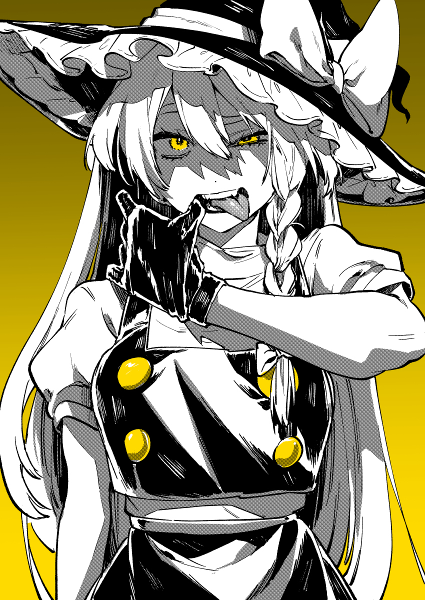 1girl absurdres belt black_gloves black_hat black_overalls bow braid breasts commentary_request dot_nose double-parted_bangs frilled_hat frills gloves gold_buttons gradient_background greyscale_with_colored_background hair_between_eyes hat hat_bow hat_ribbon highres kirisame_marisa large_breasts long_hair looking_at_viewer mouth_pull one-hour_drawing_challenge open_mouth overalls puffy_short_sleeves puffy_sleeves raised_eyebrow ribbon shaded_face shirt short_sleeves simple_background single_braid solo spot_color teeth tongue tongue_out touhou upper_body white_belt white_bow white_ribbon white_shirt witch_hat yamazaki_tsukune yellow_background yellow_eyes