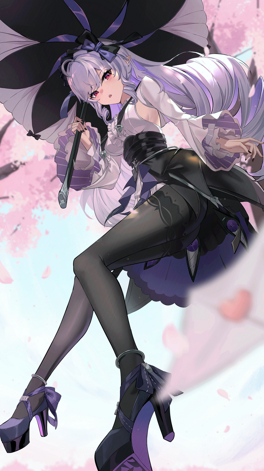 1girl absurdres ass black_nails black_pantyhose black_skirt blurry blurry_foreground breasts center_frills cherry_blossoms commentary dress fingernails frilled_sleeves frills high_heels highres holding holding_umbrella iras17514 large_breasts letter light_blush long_hair long_sleeves looking_at_viewer love_letter mole mole_under_eye multicolored_hair nail_polish open_mouth overskirt pantyhose parasol patterned_legwear pointy_ears purple_hair purple_shoes purple_umbrella red_eyes shoes sidelocks skirt solo streaked_hair umbrella very_long_hair vivian_(zenless_zone_zero) white_dress zenless_zone_zero
