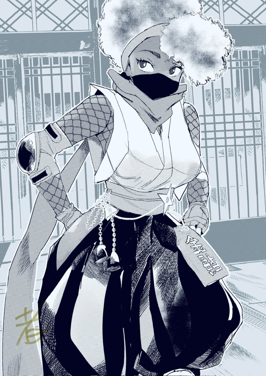 1girl afro alternate_costume asymmetrical_hair baggy_pants breasts capcom dark-skinned_female dark_skin elbow_pads fingerless_gloves fishnet_top fishnets gloves hairband hakama highres hip_vent hiroshi_mono japanese_clothes kimberly_jackson ninja mask monochrome mouth_mask ninja official_alternate_costume official_alternate_hairstyle pants sash scarf sideboob solo street_fighter street_fighter_6 very_dark_skin