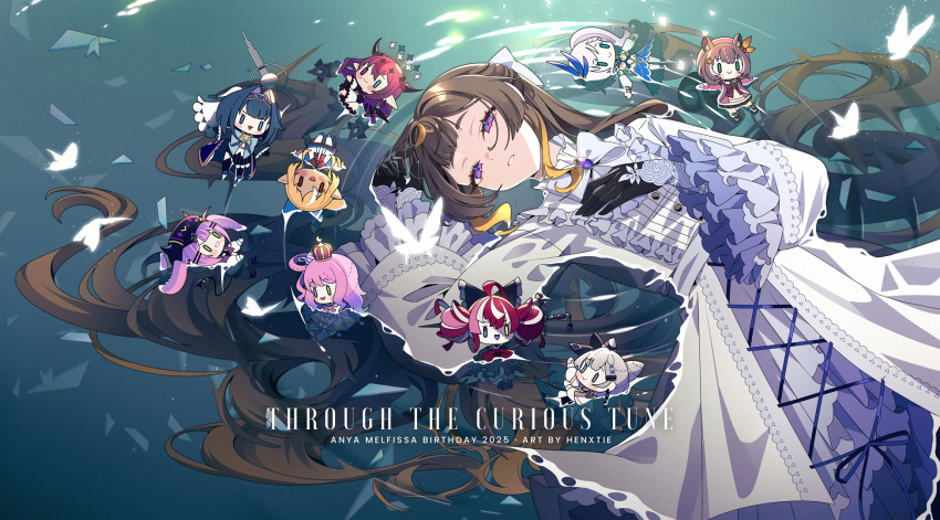6+girls alternate_costume anya_melfissa ayunda_risu ayunda_risu_(1st_costume) black_gloves blonde_hair bow bowtie brooch brown_hair chibi commentary cross-laced_clothes cross-laced_dress dress english_commentary english_text foreground_text frilled_dress frilled_sleeves frills gloves gradient_hair hair_bow hen-tie highres himemori_luna himemori_luna_(1st_costume) hololive hololive_english hololive_indonesia irys_(hololive) irys_(irys_2.0)_(hololive) jewelry kureiji_ollie kureiji_ollie_(1st_costume) long_hair long_sleeves looking_at_viewer lying multicolored_hair multiple_girls official_art ouro_kronii ouro_kronii_(1st_costume) parted_lips partially_submerged pavolia_reine pavolia_reine_(1st_costume) purple_eyes shiranui_flare shiranui_flare_(1st_costume) sleeves_past_wrists solo streaked_hair tokoyami_towa tokoyami_towa_(1st_costume) very_long_hair vestia_zeta vestia_zeta_(1st_costume) virtual_youtuber water wavy_hair white_bow white_bowtie white_dress wide_sleeves