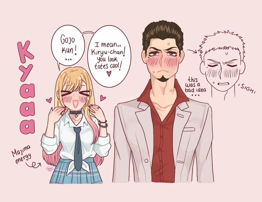 1boy 1girl artist_name blonde_hair blue_necktie blue_skirt blush bracelet brown_hair closed_eyes collar commentary cosplay embarrassed english_commentary english_text facial_hair gojou_wakana gradient_hair gyaru heart highres jewelry kiryu_kazuma kiryu_kazuma_(cosplay) kitagawa_marin littlealzi long_hair mole mole_under_eye multicolored_hair necktie open_mouth pink_hair ring ryuu_ga_gotoku_(series) shirt simple_background skirt smile sono_bisque_doll_wa_koi_wo_suru speech_bubble sweat tied_shirt two-tone_hair white_shirt yakuza_(game)