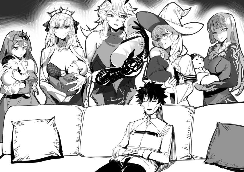 1boy 5girls aesc_(fate) aesc_(rain_witch)_(fate) baby baobhan_sith_(fate) barghest_(fate) black_hair bow braid breasts carrying carrying_baby carrying_person chaldea_logo cleavage cnoc_na_riabh_(fate) commission commissioner_upload couch dress exhausted faerie_knights_(fate) fate/grand_order fate_(series) fujimaru_ritsuka_(male) glasses gloves greyscale guy_tired_after_sex_(meme) hair_bow hair_ornament harem hat highres if_they_mated long_hair medb_(fate) meme monochrome morgan_le_fay_(fate) multiple_girls piper_perri_surrounded_(meme) sharp_teeth short_hair sidelocks smile sunken_cheeks teeth third-party_source tiara wide_brim witch_hat wtlong_han