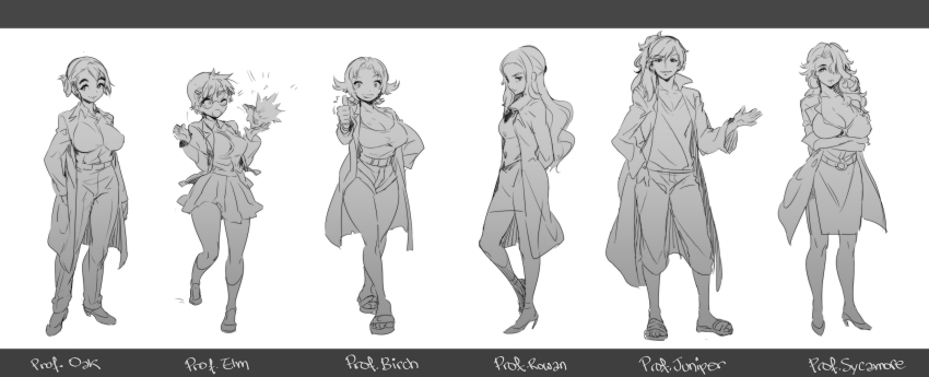 1boy 5girls professor_sycamore professor_juniper professor_birch breasts cleavage coat professor_elm english_text genderswap genderswap_(ftm) genderswap_(mtf) glasses greyscale hair_ornament hairclip high_heels highres lab_coat large_breasts lineup long_hair monochrome multiple_girls naso4 nintendo pants pokemon pokemon_bw pokemon_dppt pokemon_gsc pokemon_rgby pokemon_rse pokemon_xy ponytail professor_rowan professor_oak sandals short_hair skirt smile thick_eyebrows thumbs_up trench_coat