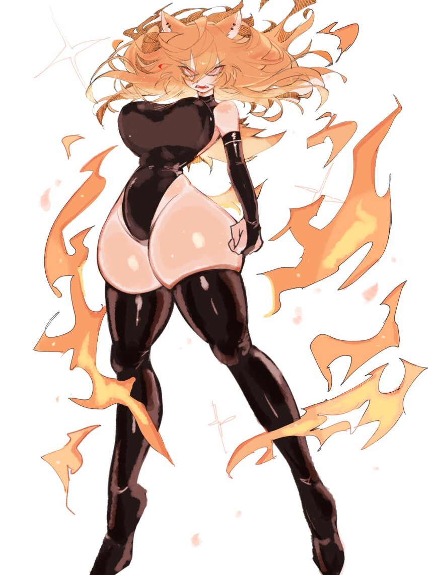 @_@ animal_ears bare_hips black_leotard blonde_hair breasts ear_piercing fleetway_super_sonic frown genderswap genderswap_(mtf) highres humanization large_breasts leotard long_hair looking_at_viewer messy_hair piercing red_eyes short_tail sonic_(series) sonic_the_comic sonic_the_hedgehog super_sonic tail thick_thighs thighhighs thighs usa37107692 wide_hips zettai_ryouiki