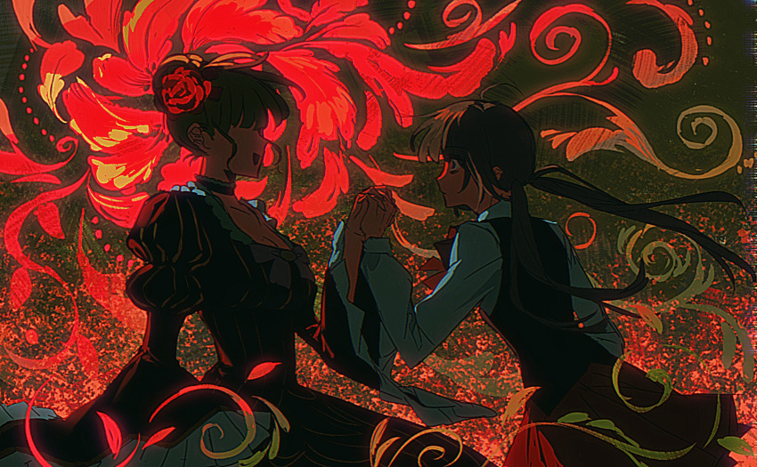 2girls :d aged_down ahoge beatrice_(umineko) black_vest blonde_hair bow bowtie breasts choker cleavage dress floating_hair flower frilled_choker frilled_sleeves frills hair_bun hair_flower hair_ornament highres interlocked_fingers looking_at_another low_twintails mole mole_on_breast multiple_girls no_eyes open_mouth pink_bow puffy_sleeves red_bow red_bowtie red_skirt shiqian_(kadkykhbvk) shirt single_hair_bun skirt smile striped_clothes striped_dress twintails umineko_no_naku_koro_ni upper_body ushiromiya_rosa vertical-striped_clothes vertical-striped_dress vest white_shirt wide-eyed wide_sleeves yellow_trim