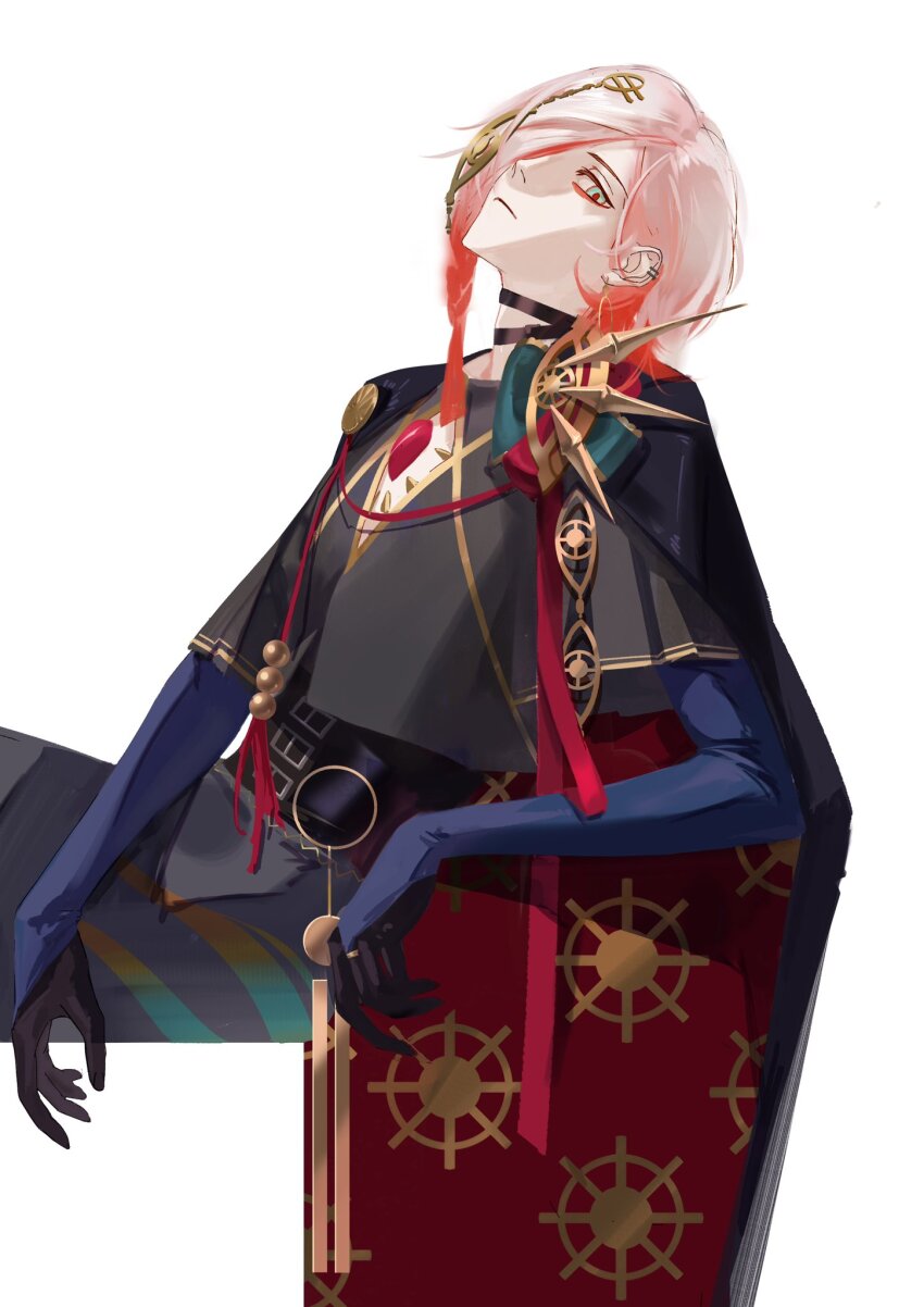 1boy blue_eyes cape chest_jewel earrings eyeshadow eyeshadow_under_eye fate/grand_order fate_(series) gradient_hair hair_ornament hair_over_one_eye highres jewelry karna_(fate) looking_at_viewer makeup male_focus medium_hair multicolored_hair multiple_earrings pale_skin red_eyeshadow red_hair simple_background sitting siyemmm solo white_background white_hair