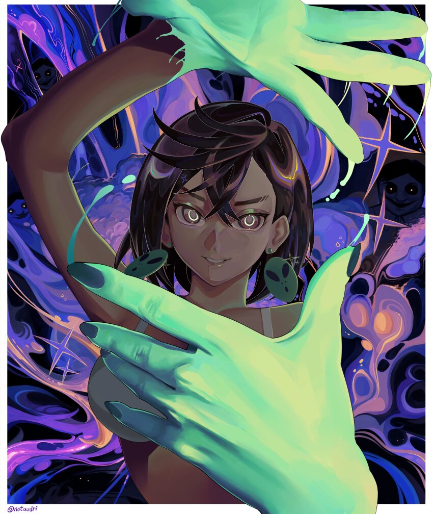 1girl 3boys absurdres arm_up artist_name ayase_momo bare_shoulders border bra breasts bright_pupils brown_eyes brown_hair commentary crossed_bangs dandadan disembodied_hand earrings english_commentary eyebrow_cut green_hands hair_between_eyes highres jewelry large_breasts light_smile looking_at_viewer messy_hair midriff multiple_boys notaudri parted_lips pendant_earring purple_aura ringed_eyes serpo_(dandadan) short_hair signature smile solo_focus sparkle swept_bangs telekinesis thick_eyebrows twitter_username underwear underwear_only upper_body white_border white_bra