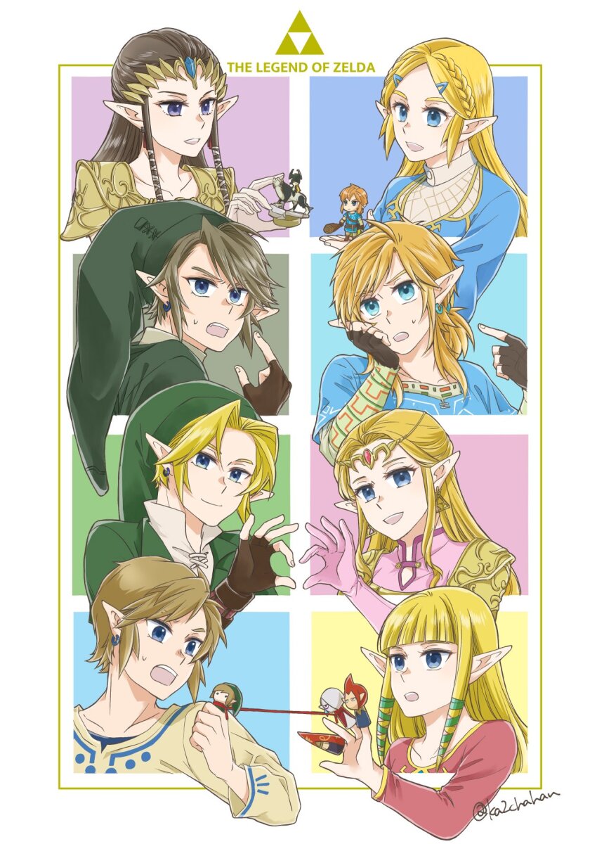 4boys 4girls akatsuki-p amiibo blonde_hair blue_eyes blunt_bangs braid brown_hair champion&#039;s_tunic_(zelda) circlet crown_braid finger_puppet fingerless_gloves ghirahim gloves green_tunic groose heart heart_hands heart_hands_duo highres impa in-franchise_crossover link midna multiple_boys multiple_girls multiple_persona nintendo open_mouth pointy_ears princess_zelda puppet smile the_legend_of_zelda the_legend_of_zelda:_breath_of_the_wild the_legend_of_zelda:_ocarina_of_time the_legend_of_zelda:_skyward_sword the_legend_of_zelda:_twilight_princess tiara tunic wolf_link
