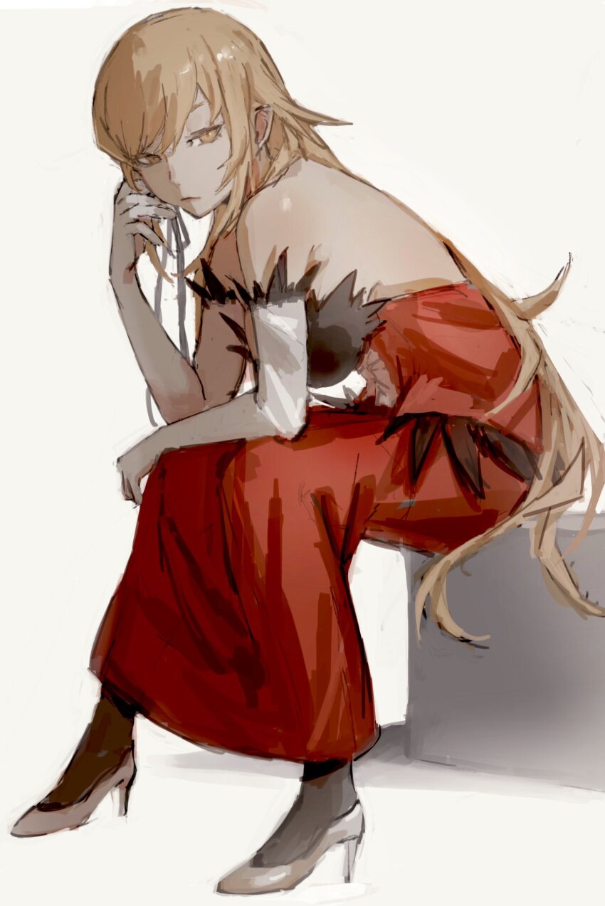 1girl bare_shoulders black_pantyhose blonde_hair breasts closed_mouth dress elbow_gloves elbow_rest feather-trimmed_dress feather-trimmed_gloves feather_trim from_side full_body gloves hair_ribbon hand_on_own_cheek hand_on_own_face high_heels highres kiss-shot_acerola-orion_heart-under-blade kizumonogatari large_breasts leaning_forward long_dress long_hair looking_at_viewer monogatari_(series) oshino_shinobu pantyhose red_dress ribbon shoes sitting solo strapless strapless_dress taki_(a313131333) very_long_hair white_background white_gloves white_shoes yellow_eyes