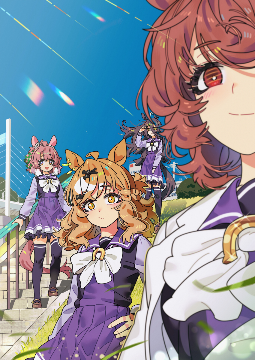 4girls :d absurdres agnes_tachyon_(umamusume) ahoge animal_ears black_hair black_tail blue_sky bow bowtie braid breasts bridge brown_footwear brown_hair checkered_ribbon closed_mouth commentary_request dantsu_flame_(umamusume) ear_covers ear_ornament expressionless eyelashes flat_chest grass hair_between_eyes hair_ornament hair_ribbon hairclip half_up_braid hand_on_own_hip hand_on_railing highres horse horse_ears horse_girl horse_tail horseshoe_ornament jam_(umamusume) jungle_pocket_(umamusume) lab_coat light_blush long_hair long_hair_between_eyes long_sleeves looking_at_viewer manhattan_cafe_(umamusume) mary_janes medium_breasts medium_hair messy_hair multicolored_hair multiple_girls open_mouth outdoors parted_bangs pleated_skirt purple_sailor_collar purple_shirt purple_skirt railing red_eyes ribbon sailor_collar sarcophage school_uniform serafuku shirt shoes sidelocks skirt sky smile stairs striped_clothes sun suspension_bridge tail thighhighs tracen_school_uniform two-tone_hair umamusume very_long_hair white_bow white_bowtie white_hair winter_uniform yellow_eyes