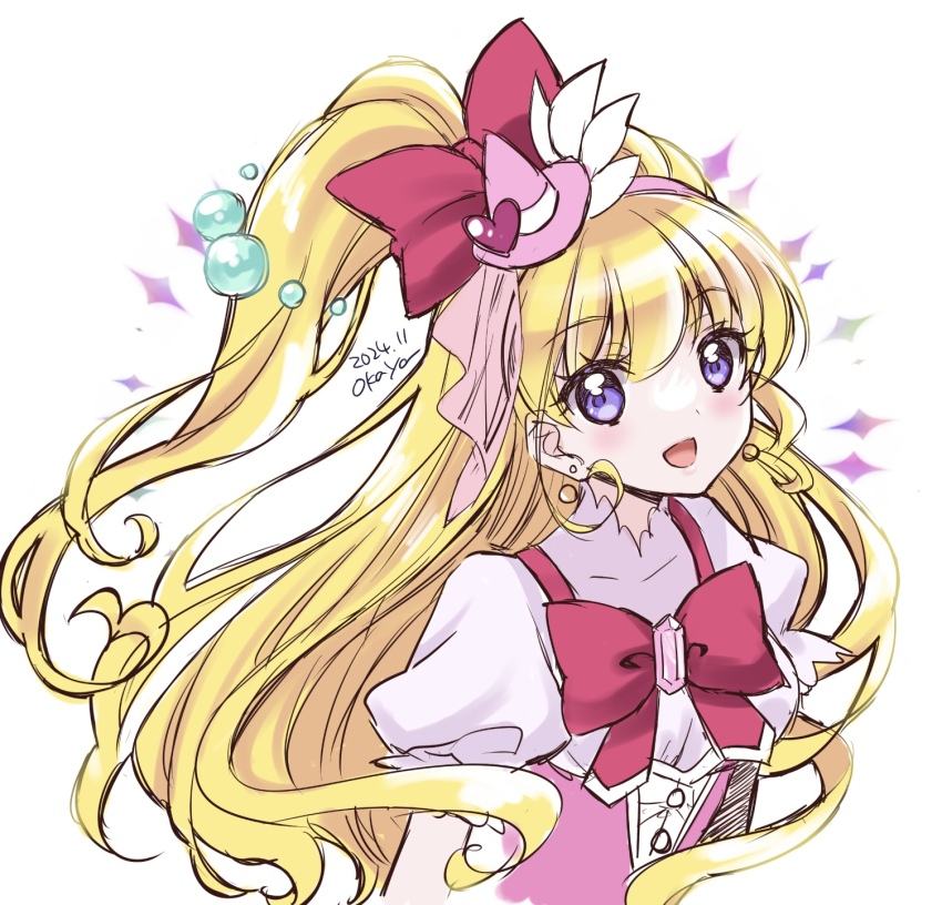 1girl asahina_mirai blonde_hair blush cure_miracle diamond-shaped_brooch diamond_brooch folded_braid hairband hat hat_ornament heart heart_hat_ornament highres looking_at_viewer magical_girl mahou_girls_precure! mini_hat mini_witch_hat okayashi pink_hairband pink_hat pink_skirt precure purple_eyes skirt solo wide_ponytail witch_hat