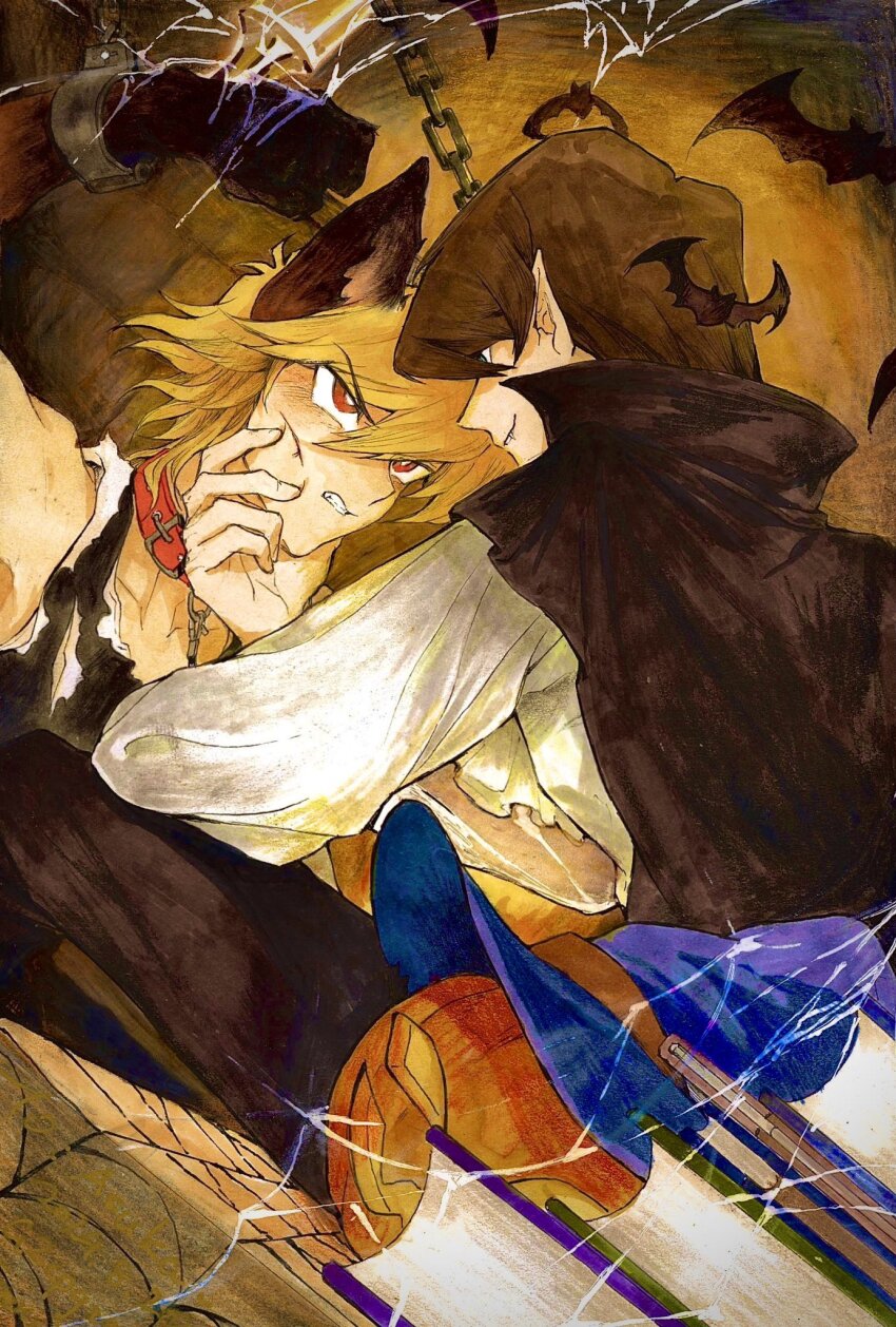 2boys alternate_costume alternate_species animal_collar animal_ears animal_hands ascot bat_(animal) black_cape black_pants black_tank_top blonde_hair blouse book book_stack bright_pupils brown_hair cape chain cheek_squash clenched_teeth collar collarbone commentary dog_ears dutch_angle fang glaring halloween hand_on_another&#039;s_face hands_up hat highres indoors injury jack-o&#039;-lantern jonouchi_katsuya kaiba_seto leaning_forward long_sleeves looking_at_another looking_down looking_up male_focus multiple_boys night pants pointy_ears puffy_long_sleeves puffy_sleeves red_collar red_eyes restrained shirt short_hair silk sitting smile spider_web suzuri513 symbol-only_commentary tank_top teeth traditional_media upper_body vampire werewolf white_ascot white_shirt witch_hat yaoi yu-gi-oh! yu-gi-oh!_duel_monsters