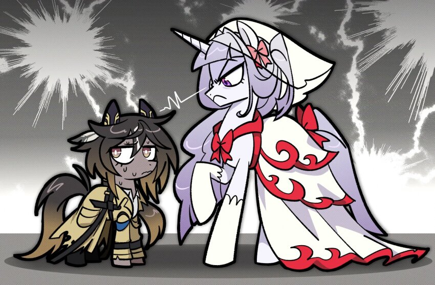 2girls animal_ears animalization applejoople averting_eyes blunt_bangs bow bowtie bridal_veil bright_pupils brown_eyes brown_fur brown_hair brown_tail coat commentary dress ear_bow english_commentary feather_hair_ornament feathers full_body gradient_hair hair_ornament height_difference horse_ears horse_tail jitome layered_dress lightning looking_at_another looking_to_the_side multicolored_hair multiple_girls my_little_pony my_little_pony:_friendship_is_magic nervous nervous_sweating original point_flag_(racehorse) pony_(animal) purple_eyes purple_hair purple_tail recursive_animalization red_bow red_bowtie red_dress scowl size_difference standing_on_three_legs stay_gold_(umamusume) sweat tail torn_clothes torn_coat umamusume unicorn v-shaped_eyebrows veil white_dress white_fur white_pupils yellow_coat