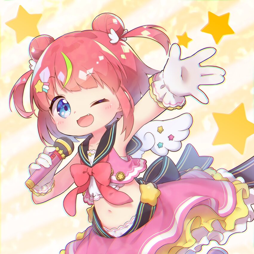 1girl :3 angel_wings badge black_sailor_collar blue_eyes blush bow bowtie button_badge cartoon_wings chromatic_aberration collarbone commentary_request crop_top cropped_vest double_bun fang flat_chest green_hair hair_bun hair_ornament highres holding holding_microphone hoshimiya_gumi indie_virtual_youtuber layered_skirt medium_hair microphone midriff multicolored_hair navel nipeira one_eye_closed open_clothes open_hand open_mouth open_vest outstretched_arm pink_hair pink_skirt pink_vest red_bow red_bowtie sailor_collar sailor_shirt shirt sidelocks skirt sleeveless sleeveless_shirt smile solo star_(symbol) star_hair_ornament streaked_hair tareme two-tone_hair two_side_up vest virtual_youtuber white_shirt white_wings wing_hair_ornament wings yellow_background