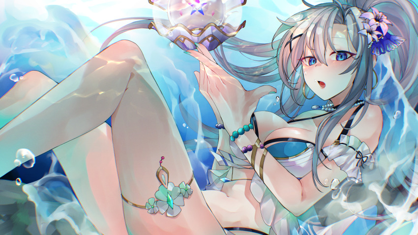 1girl absurdres adina_savic air_bubble aqua_nails armband bare_shoulders bead_bracelet bead_necklace beads bikini black_survival blue_eyes blush bracelet breasts bubble cleavage collarbone commentary commission crystal_ball earrings eternal_return:_black_survival floating_hair flower frilled_armband frills gold_earrings gold_thighlet haagyu hair_flower hair_ornament hands_up highres jewelry knees_up long_hair looking_at_viewer lying medium_breasts nail_polish navel necklace object_floating_above_hand ocean official_alternate_costume own_hands_together pixiv_commission rock shell shell_necklace solo stomach swimsuit thighlet thighs underwater very_long_hair water white_bikini white_hair x_hair_ornament