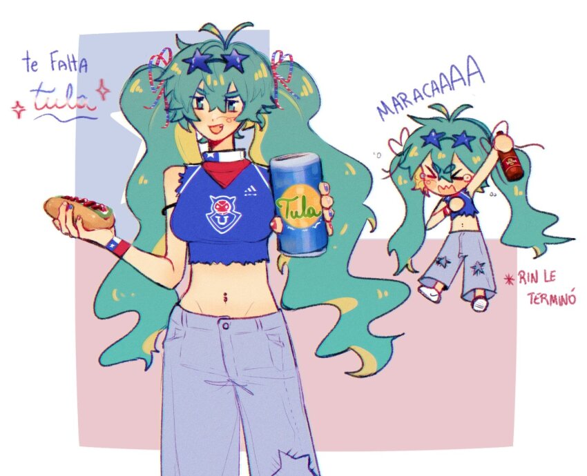 1girl blue-tinted_eyewear can chilean_flag drink drink_request eyewear_on_head food grey_pants hatsune_miku holding holding_can holding_drink holding_food hot_dog long_hair midriff mikurinkuwu multiple_views navel open_mouth pants smile star-shaped_eyewear star_(symbol) tinted_eyewear translation_request twintails very_long_hair vocaloid worldwide_miku