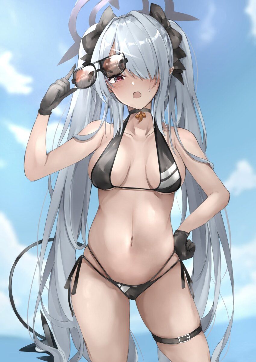 1girl bikini black_bikini black_choker black_gloves black_ribbon blue_archive blue_sky breasts choker collarbone commentary_request dark-skinned_female dark_skin day demon_horns demon_tail gloves grey_hair hair_over_one_eye halo hand_on_own_hip highres holding holding_removed_eyewear horns iori_(blue_archive) iori_(swimsuit)_(blue_archive) long_hair looking_at_viewer multi-strapped_bikini_bottom mutou_mame navel official_alternate_costume open_mouth pointy_ears red_eyes ribbon side-tie_bikini_bottom sky small_breasts solo sunglasses sunlight swimsuit tail thigh_strap twintails unworn_eyewear
