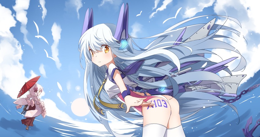 1girl absurdres anchor ass bent_over chain crop_top day highres le_fantasque_(warship_girls_r) lizi long_hair looking_at_viewer mechanical_ears ocean oil-paper_umbrella one-piece_swimsuit outdoors shirt short_sleeves sky solo_focus steelblue_mirage swimsuit swimsuit_under_clothes thighhighs umbrella very_long_hair warship_girls_r white_hair white_shirt white_thighhighs yellow_eyes