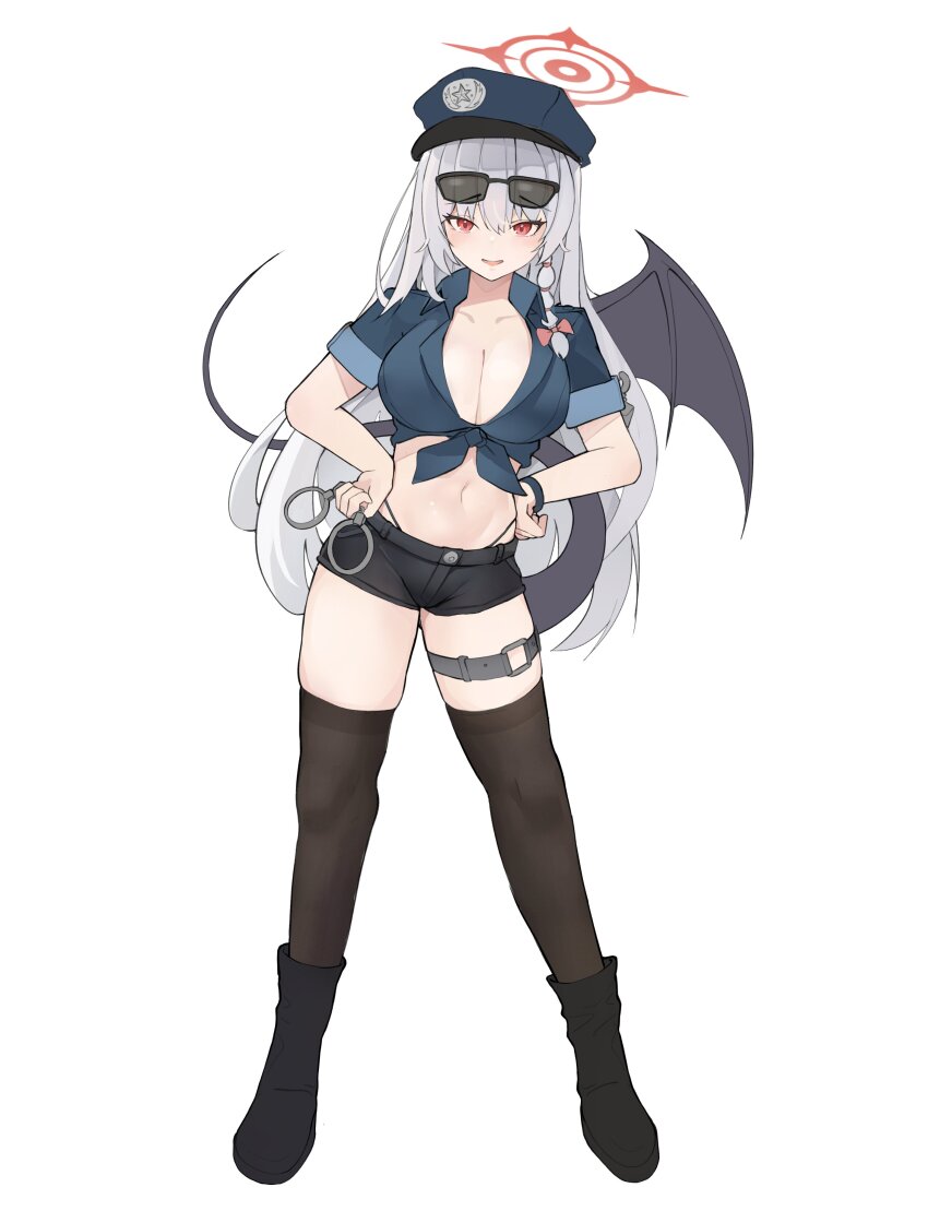 1girl absurdres alternate_costume belt black_boots black_shorts black_thighhighs blue_archive blue_hat blue_shirt boots bow braid breasts cleavage crop_top cuffs demon_wings front-tie_top hair_bow hair_tie halo handcuffs hands_on_own_hips haruna_(blue_archive) hat highleg highleg_panties highres holding holding_handcuffs large_breasts long_hair navel open_mouth panties pink_bow police police_hat police_uniform policewoman red_eyes shirt short_shorts shorts side_braid single_wing skindentation smile solo standing sunglasses sunglasses_on_head tail thigh_belt thigh_strap thighhighs umber00 underwear whale_tail_(clothing) white_background white_hair wings wristband