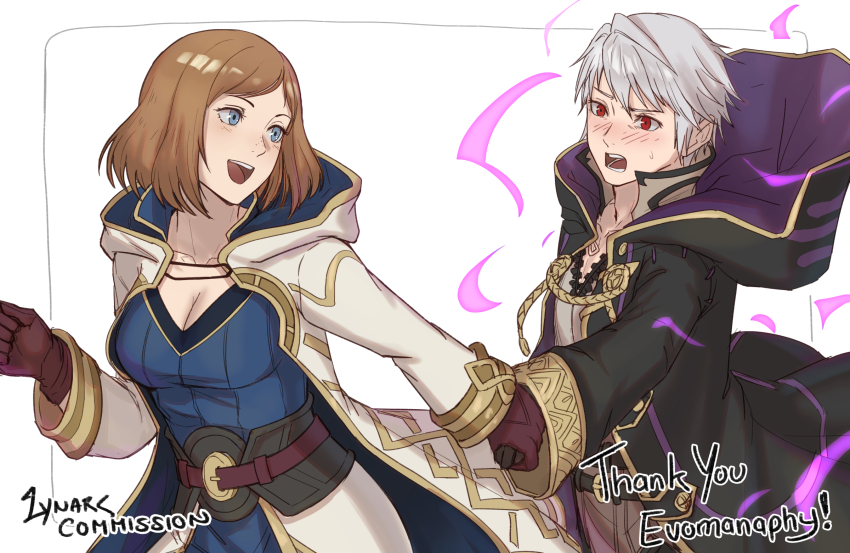 1boy 1girl artist_name aura belt belt_buckle blue_eyes blush breasts buckle cleavage commission embarrassed female_kiran_(fire_emblem) fire_emblem fire_emblem_heroes freckles gloves grima_(fire_emblem) highres holding_hands kiran_(fire_emblem) ko-fi_commission large_breasts looking_at_another lynarc male_robin_(fire_emblem) male_robin_(grima)_(fire_emblem) medium_hair nintendo red_eyes smile white_background white_hair