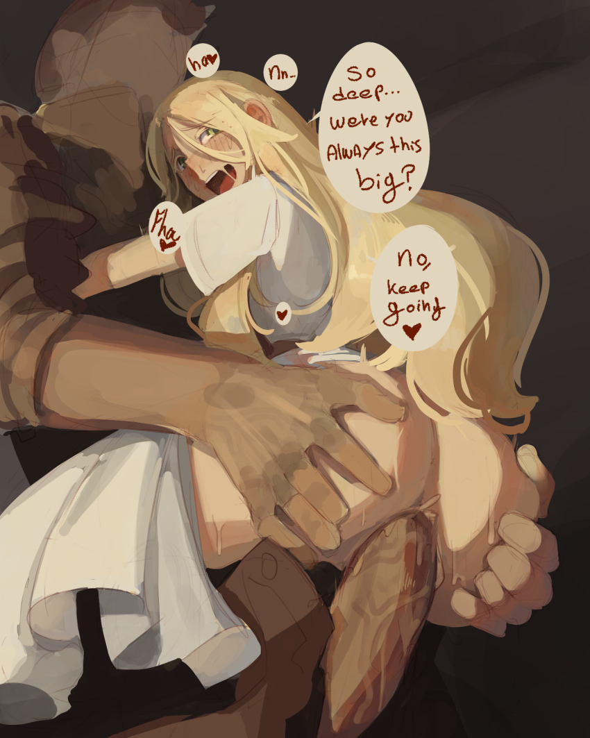 1boy 1girl ainne_(sushoartworks) blonde_hair blush commentary dress english_commentary english_text erection freckles grabbing_another&#039;s_ass groping hair_between_eyes hetero highres indoors long_hair open_mouth original penis sex short_sleeves speech_bubble standing standing_sex sushoartworks suspended_congress sweat white_dress